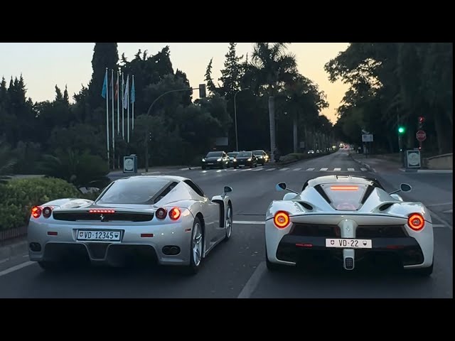 Rare Argento Silver Ferrari Enzo upclose & cruising  & white Laferrari in Marbella