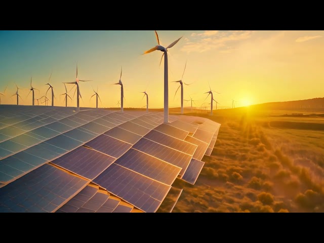 solar energy panels and wind turbines at sunset, alternative electricity source,