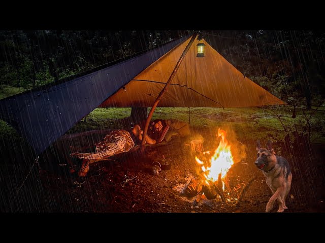 SOLO CAMPING IN HEAVY RAIN-RELAXING IN THE TENT-RAIN ASMR