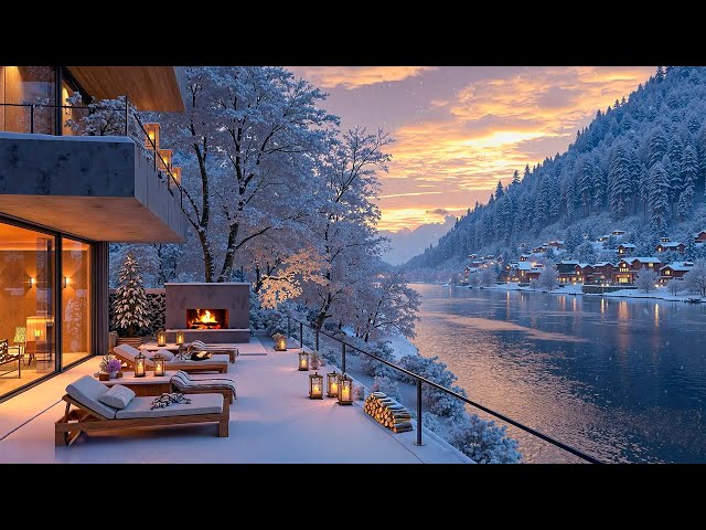 Tranquil Winter Retreat ~ Genlte Snowfall, Cozy Terrace & Relax Smooth Jazz and Peaceful River Scene