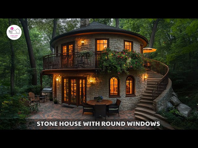 Two-Story Stone House: Rounded Design & Circular Balcony