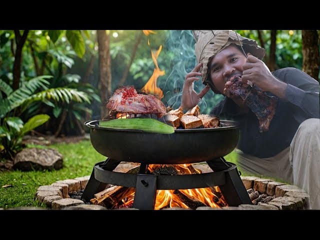 Primitive Technology; How to Grill the Crazy Pork-Ripe with Secrete Ingredients in Jungle?