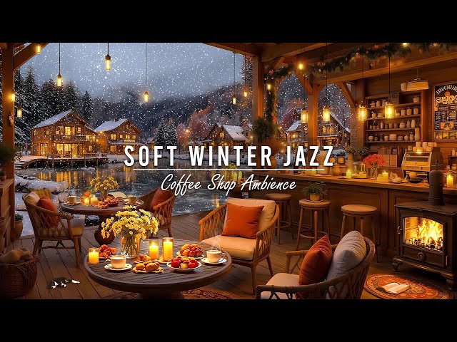 Cozy Winter Porch Ambience ❄️ Soft Jazz Instrumental Music with Fireplace Sounds & Snowfall to Relax