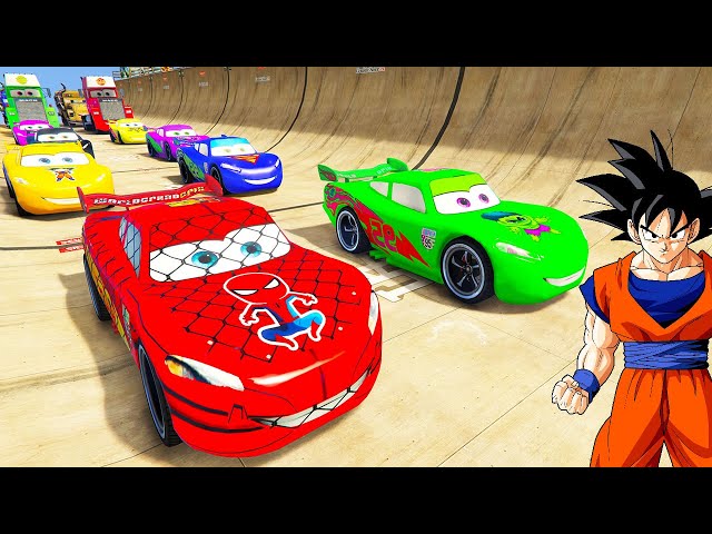 SPIDERMAN Vs HULK McQueen Friend CARS Mega STAIRS JUMP Challenge ! SUPERHERO Mack Truck Race - GTA V