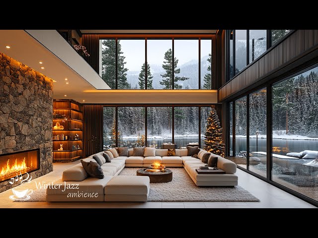 4K Fireplace Evening Jazz | Warm Living Room by the Lake with Soothing Jazz and Snowy Vibes