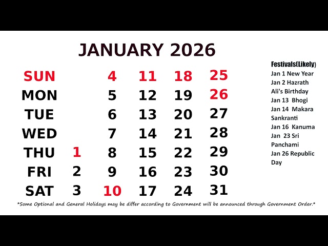 January Calendar 2026