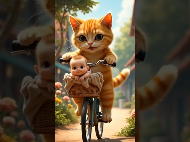 Cat bicyclecarrying a baby boy#cat #billi#baby#cute #funny #catlover #viralvideo