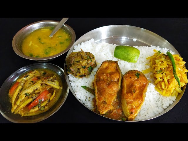 pangas fish curry small fish curry dal potato fry and rice today i eating | eating show in bengali