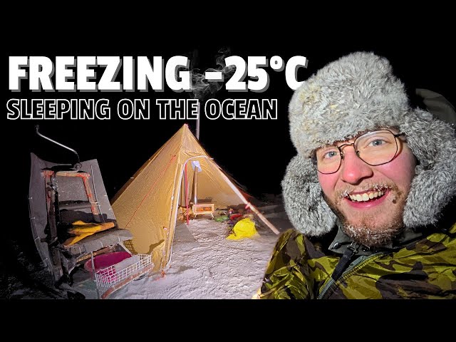 SLEEPING on the OCEAN in FREEZING -25C [Hot Tent, Fishing, Solo Adventure] #camping #survival