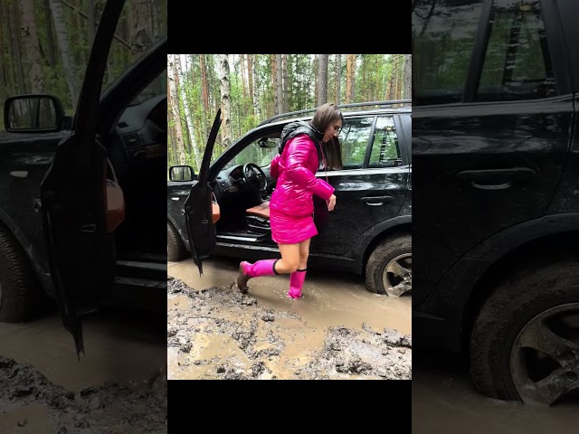 Offroading beautiful lady in shiny nylon car stuck girl sweet full throttle unstuck #carstuckgirl