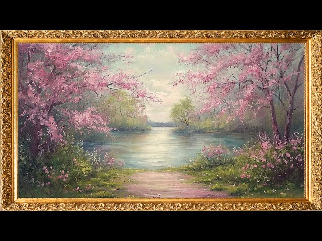 Vintage TV Art: Serene Oil Painting of Flowering Trees in Spring  | Gold Framed Vintage Art  | 2 Hrs