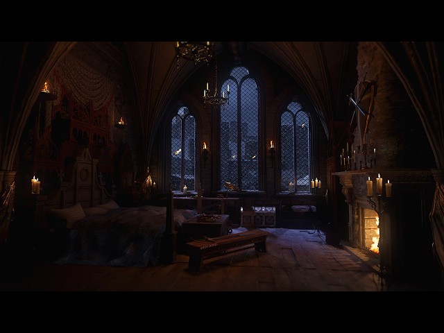 A Cozy Medieval BedRoom Ambience | Cozy Winter Fireplace & Gentle Winds | Sounds For Sleeping