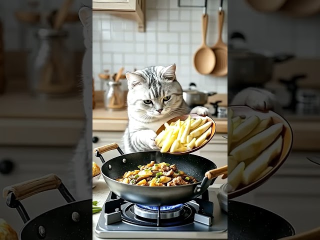 When the cat meets the giant panda, takes home with a piece of bamboo shoots and fried meat