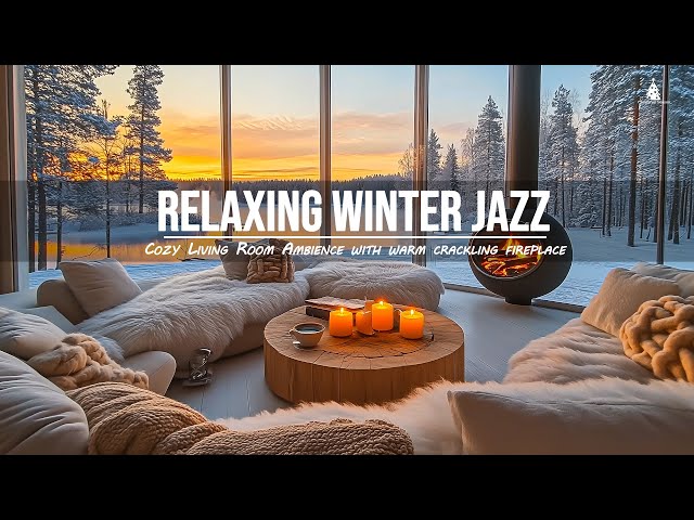 4K Sunrise By The Lake In Winter Ambience - Crackling Fireplace & Snowy Ambience for Relaxation