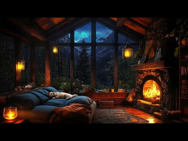 Rainy Ambience | Rain , Thunder & Fireplace Sounds in a Cozy Room Overlooking the Forest