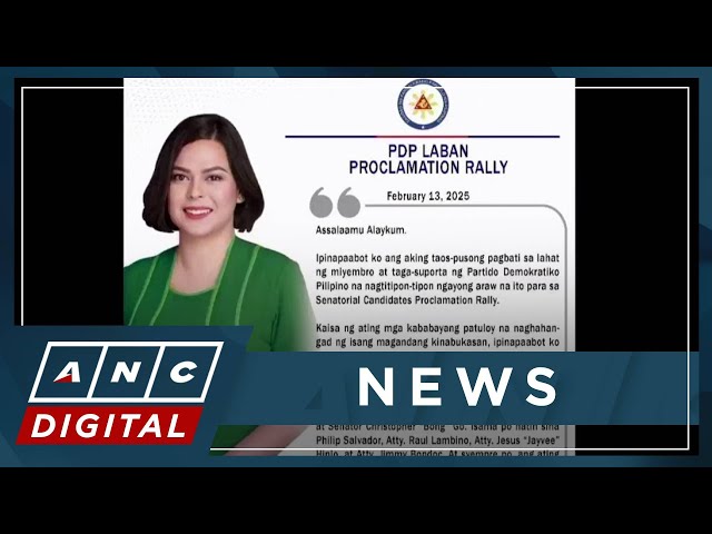 VP Duterte appeals for support for PDP slate in message as she skips proclamation rally | ANC