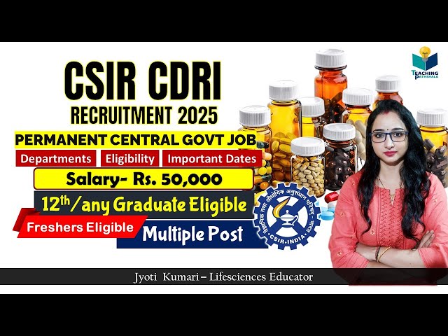 CSIR CDRI Central Govt Recruitment 2025| Permanent job| Salary- Rs.50000 |12th/Any Graduate Eligible