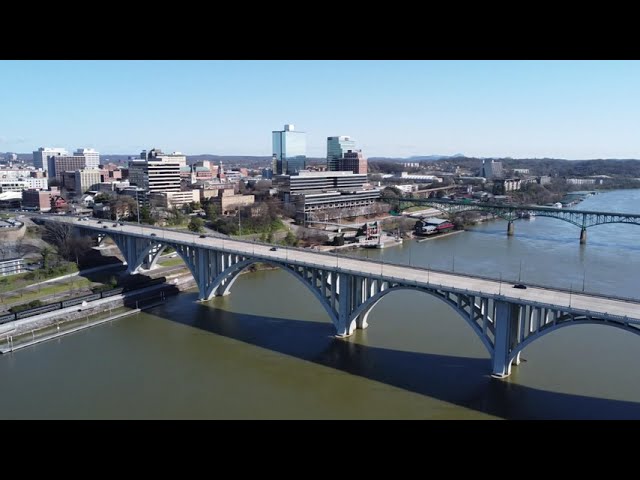 Drone flight over the Tennessee River with sights of downtown Knoxville, TN - 03.20.22