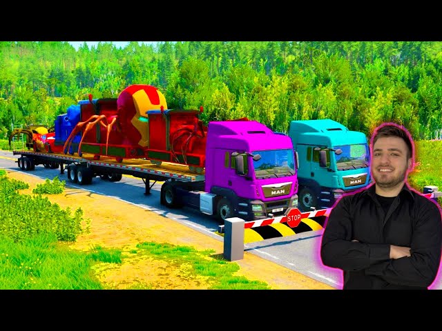 Flatbed Trailer Truck Potholes Transport Car Portal Trap Rescue - Cars vs Speed Bumps - BeamNG.drive