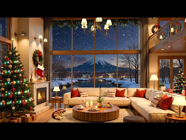 Cozy Christmas Ambience in Living Room🎄Relaxing Christmas Jazz, Snowfall & Sound Fireplace for Relax