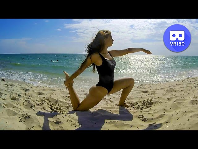 VR180 3D. Anastasiya Grabar relaxes with yoga on the Dzharylhach island