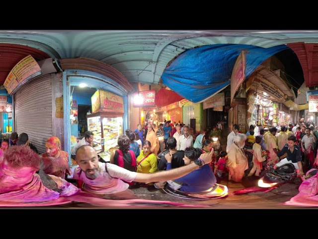 Varanasi streetlife.Nighttime crowded alleyways. 360 go pro travel blog video.