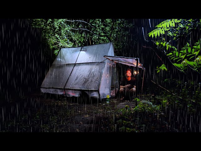 Heavy Rain Camping - Make a plastic Shelter in the Rainforest day and night ASMR