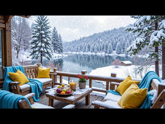 Cozy Outdoor Winter Porch Ambience by Lake ⛄❄️ Smooth Piano Music with Snowfall for Relax