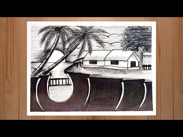 Easy Village Scenery Drawing With Pencil Sketch | Beautiful Nature Drawing