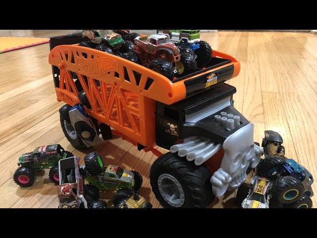 How to use Hot Wheels monster truck carrier plus Hot Wheels and Monster Jam monster truck toys!!