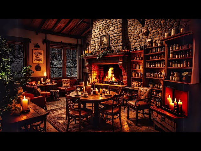 Winter Evening Coffee Shop Ambience | Cozy Fireplace, Calm Piano & Cello Music for Relaxation