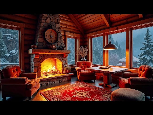 Relax Winter Cozy Living Room in Snow Falling Ambience with Calm Piano Music