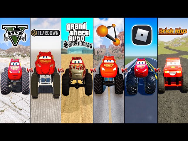 GTA 5 MONSTER TRUCK LIGHTNING MCQUEEN VS TEARDOWN VS GTA SA VS BEAMNG VS ROBLOX VS BRICK RIGS