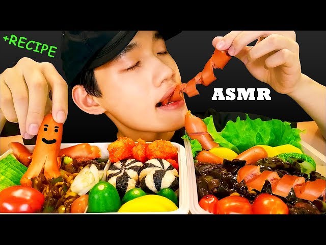 ASMR BENTO BOX | Black Bean Noodles + Sausage-shaped + Fried Chicken Popcorn | TANTAN Twins ASMR