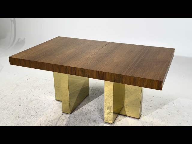 Milo Baughman for Thayer Coggin Mid Century Brass and Rosewood Expanding Dining Table with 2 Leaves