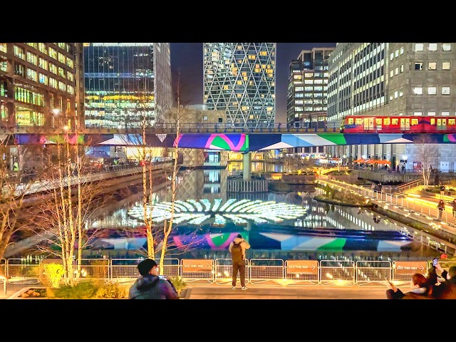 London Winter Lights 2025 | Canary Wharf Winter Lights Festival, London Night Walk | 4K HDR