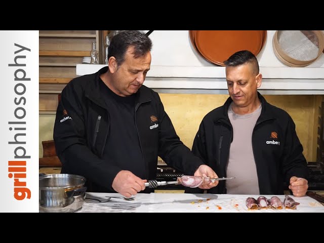 Grilled stuffed squid recipe spit roast on charcoal grill | Grill philosophy