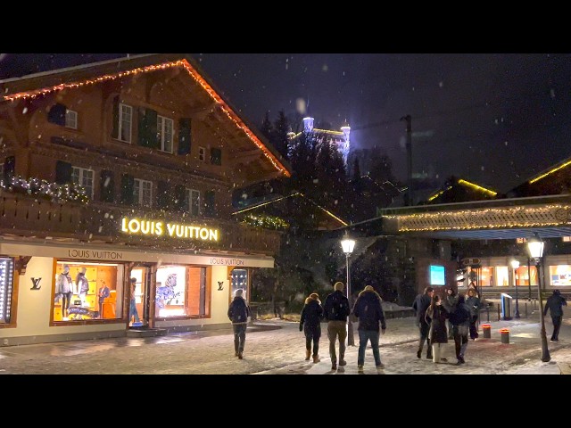 Gstaad Snowfall Winter Walk ❄️ Christmas lights 🌨 4K walking tour Switzerland 🇨🇭 Swiss Snow