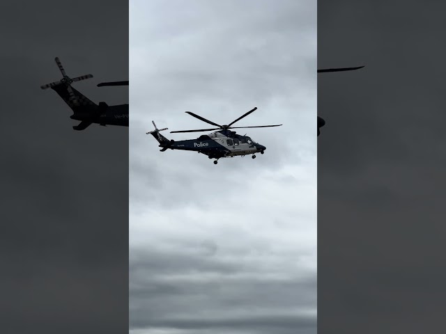 A Victoria Police helicopter landing at Essendon Fields airport