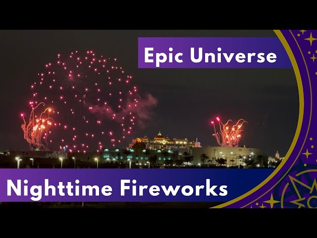 Epic Universe Nighttime Fireworks Show Testing at Universal Orlando Resort over Helios Grand Hotel