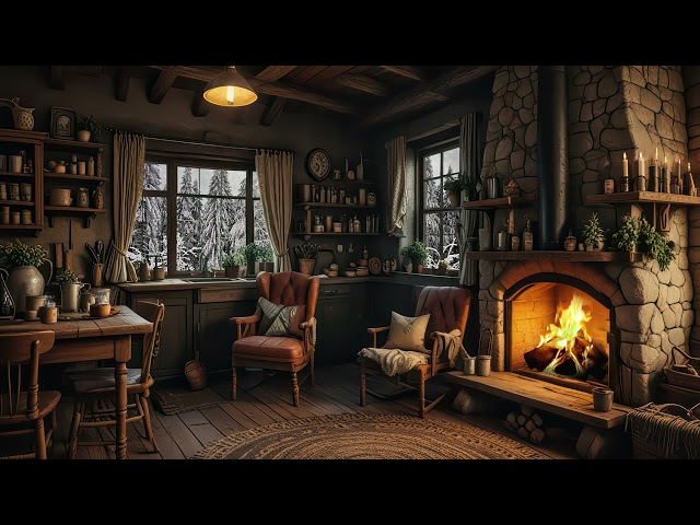 Relaxing Music by the Fireplace in a Snowy Winter Ambience | 4K