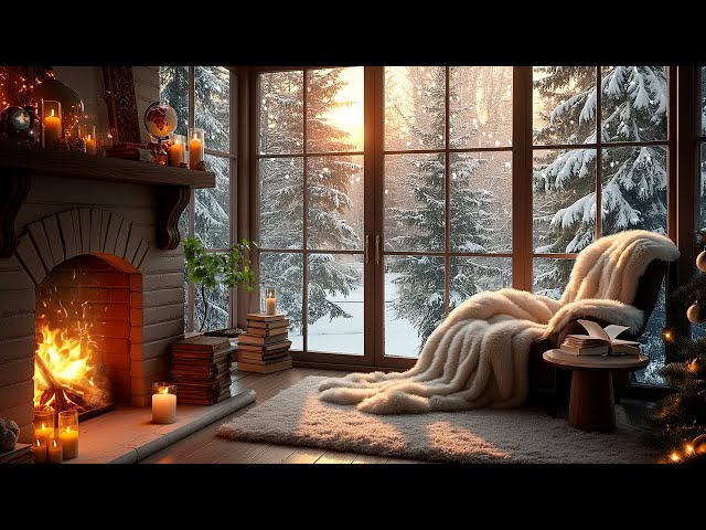 Cozy Cabin with Crackling Fire & Snowy Forest Views | Winter Relaxation Ambience ❄️🔥