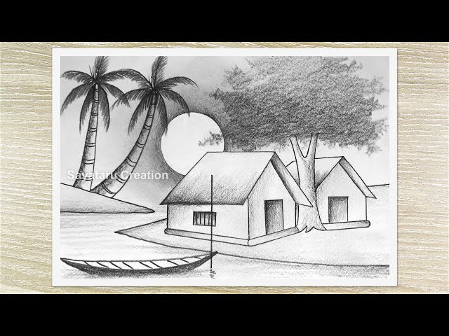 Sunrise Nature Scenery Drawing with Pencil, Easy Pencil Drawing for Beginners