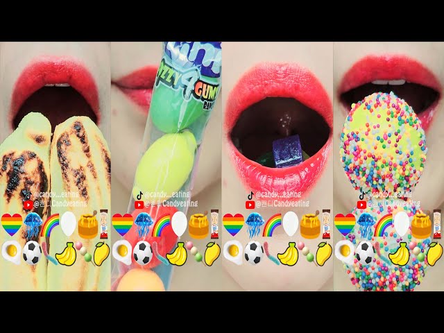 ASMR COLOURFUL EMOJI FOOD bubble gum kohakuto chocolate roasted marshmallow mukbang eating sounds