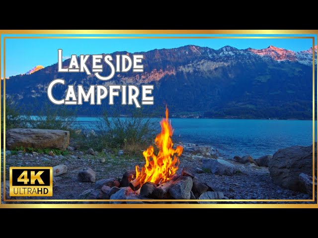 Epic 4K Mountain Lake Campfire: Relaxing Sunset Ambience with Soothing Crackling Fire Sounds