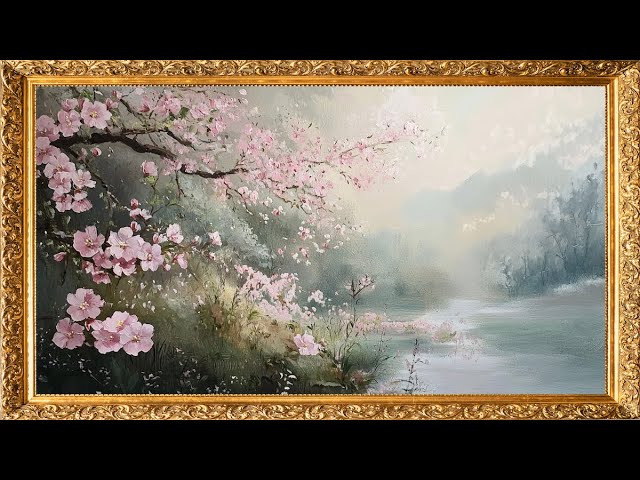 Vintage TV Art: Blooming Dogwood Tree by a River | Gold Framed Oil Painting | 4K TV Art Screensaver