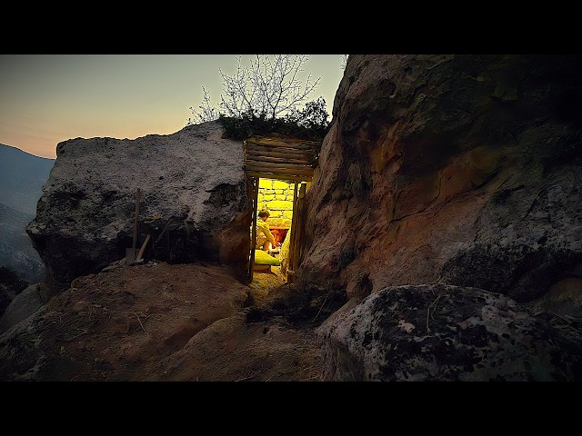 Cozy and Comfort Stone Shelter Between two Rocks in The Rain | Bushcraft Survival Camping