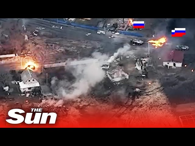 Ukrainian tank single handedly destroys massive Russian convoy east of Kyiv