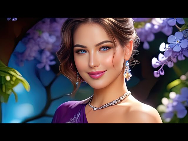 4K AI Fashion Lookbook - Jacaranda Dream: AI Girl Sophia in Deep Violet Attire