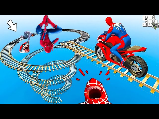 الأبطال الخارقين على القضبان دوامة قمع جسر - SPIDER-MAN!on Motorcycle in Spiral Bridge Stunt Ride